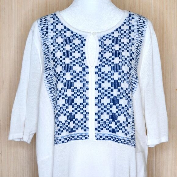 J. Jill Embroidered Knit Tunic Top White Blue Linen Blend short Sleeve Women's L - Picture 2 of 10